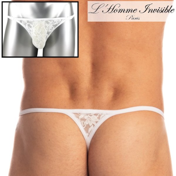 画像1: L'Homme Invisible【ロームアンヴィジーブル】 メンズTバック 男性用Tバック 男性Gストリング G-string White Lotus レース メッシュ Ｔバック 男性下着 (my83-lot-002)